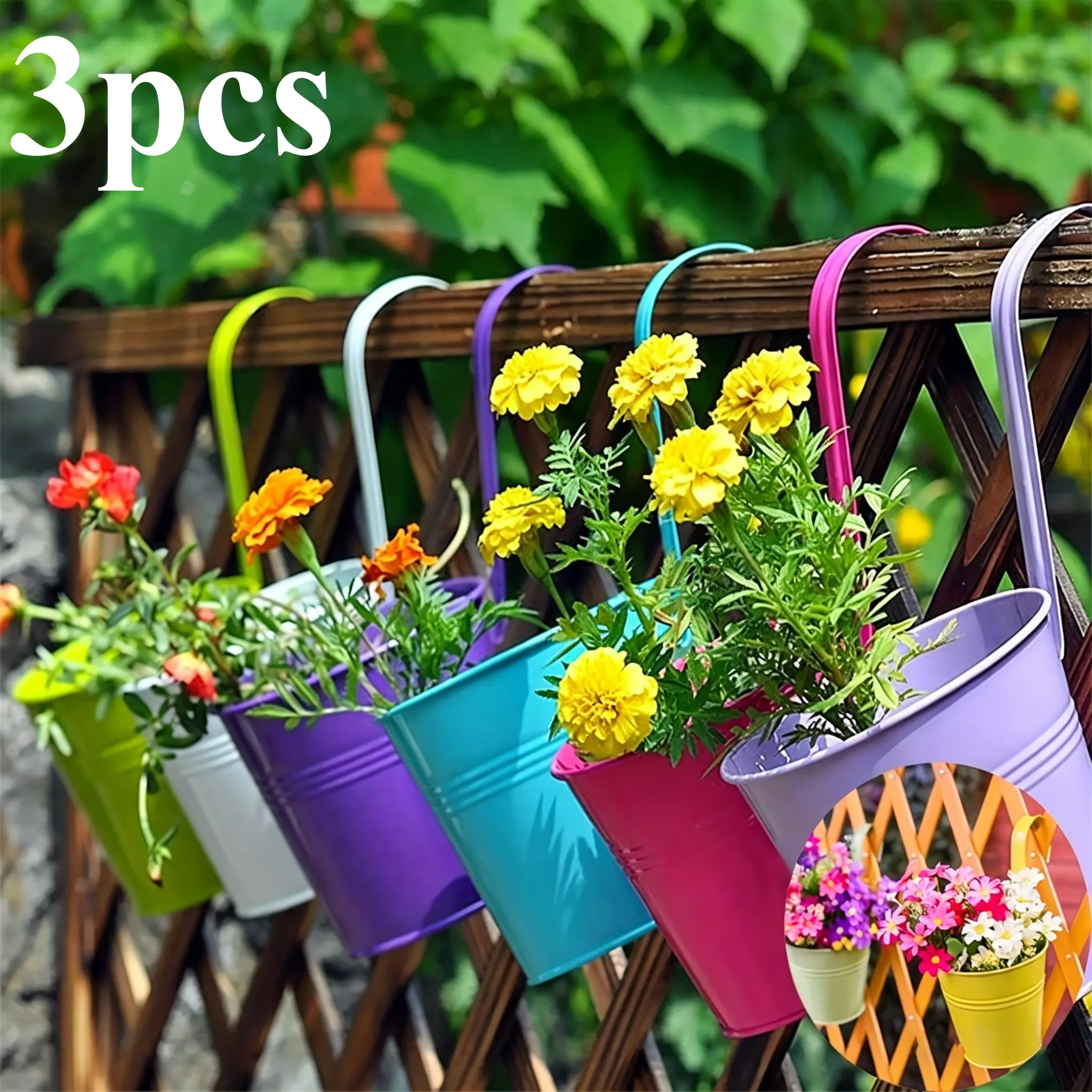 3 Pack Hanging Plant Buckets, Hanging flower pots, Planters For Outdoor Plants, Colorful Metal Planters with Removable Hooks for Balcony Railing and Fence, Vertical Garden Outdoor Patio Decor, Home Plant Lover Gift Ideas, Porch Railing Planters