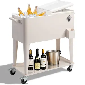 【Summervibes】Ubesgoo 80 Quart Rolling Ice Chest, Portable Bar Drink Cooler with Catch Basin, Bottom Storage Tray and Bottle Opener for Patio Party BBQ Beach Activities