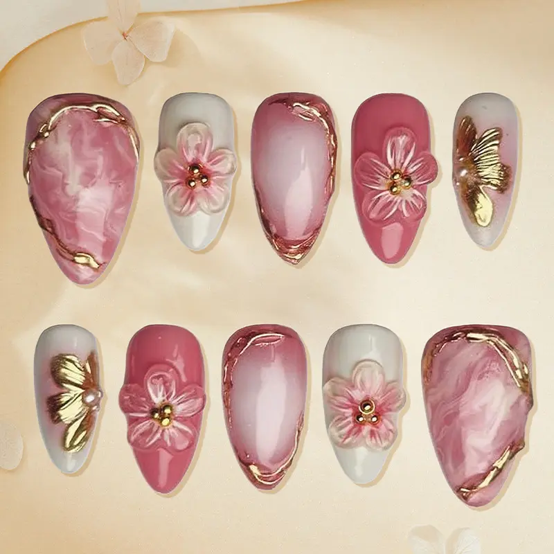 30Pcs 3D Gradient Floral Almond Press On Nails for Women, Gold Foil Handmade Rhinestone Red False Nails, Glossy Full Cover Fake Nails for Party Date Festival Daily Wear