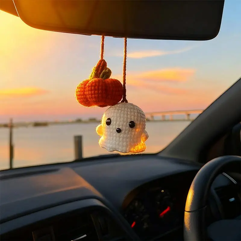 Handmade Crochet Ghost-Pumpkin Car Interior Accessory, Cute Car Decor, Rear View Mirror Hanging Amigurumi, Multiple Colors, Customizable Fall Spooky Season Ornament, Halloween Things
