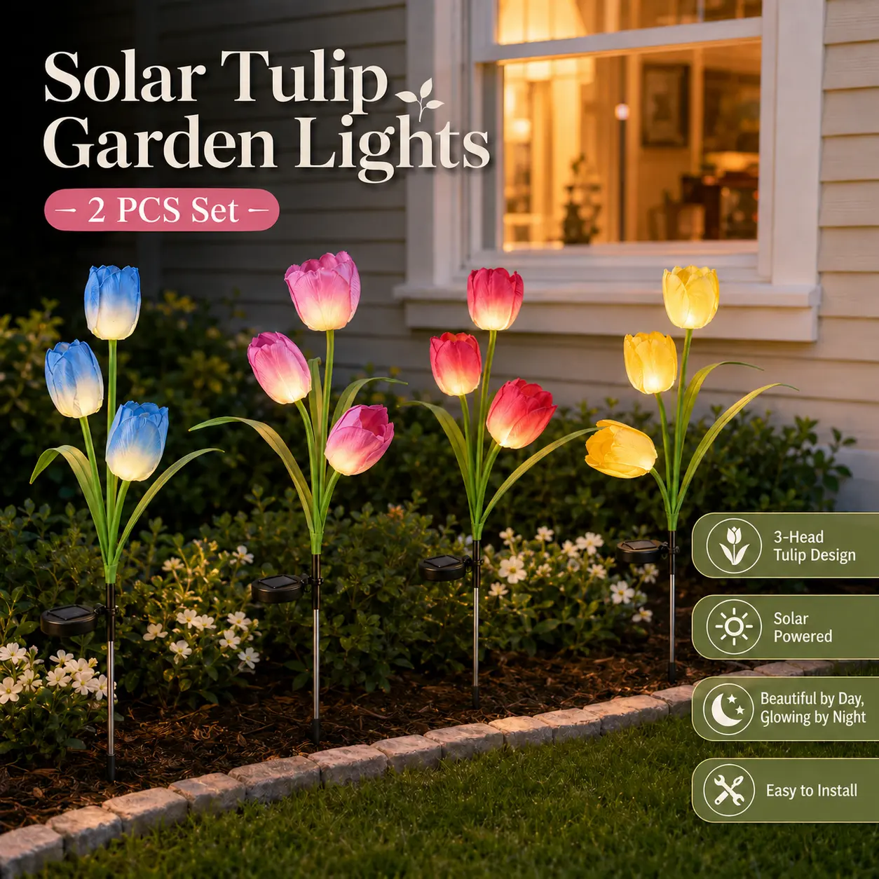 EVEDIOR 2 packs of outdoor waterproof solar tulip flower lights, gifts for mothers, garden solar light decorations, solar garden decorative items, and solar courtyard decorative items.