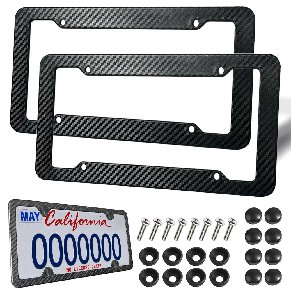2 Pack License Plate Frame, Carbon Fiber License Plate Frame for US CA Cars, 4 Hole Car Tag Cover for Front & Rear with Fasteners and Screws,Car Accessories Automotive Vehicle,Car Number Plate Frame Set with Screws, Nuts, Washers