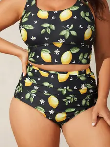 Women's Plus Sized Bathing Suits - High Waisted Swimwear, Lemon Fruit Print Pleated Tight-Fit Swim Bottoms, Tummy Control, Summer Turn-Up Mom Swimwear, Rashguard [M-6X] 2026 Mother's Day Pick 2026 Summer Vibes