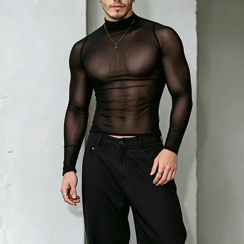 INCERUN Men Stand Collar Long Sleeve Mesh Sheer T-Shirt Party Club Regular Fit Solid Shirt Tops