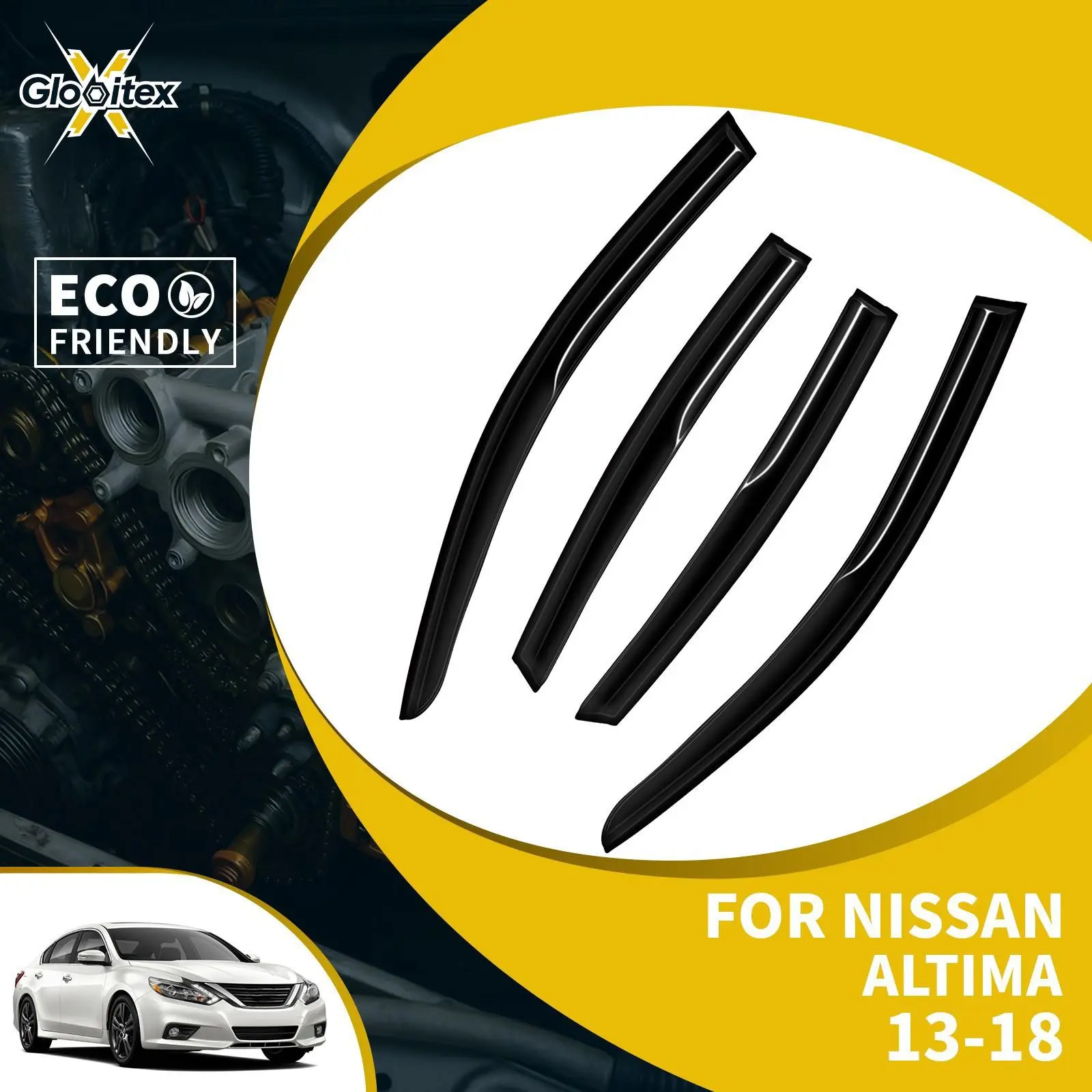 Tape-On Outside Window Visors - Low-Profile JDM Mugen Style Sun Rain Guards Vent Deflectors with OEM-Style Look for Nissan Altima 4-Door Sedan 2013-2018, 4PCS Automotive Exterior Accessories Bundle, Low-Profile, Oem-Style Look
