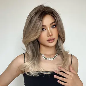 Synthetic Full Machine Wig - Heat-Resistant Medium-Length Loose Waves with Natural Fluffy Gradient Off-Center Cut French Bangs, Ideal for Spring Glow-Up and Gifting, summerwins