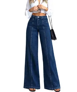 Women 's Wash Wide Leg dark blue Jeans Fashion Solid ColorVintageDenim Trousers for Party Reunion Casual Wear