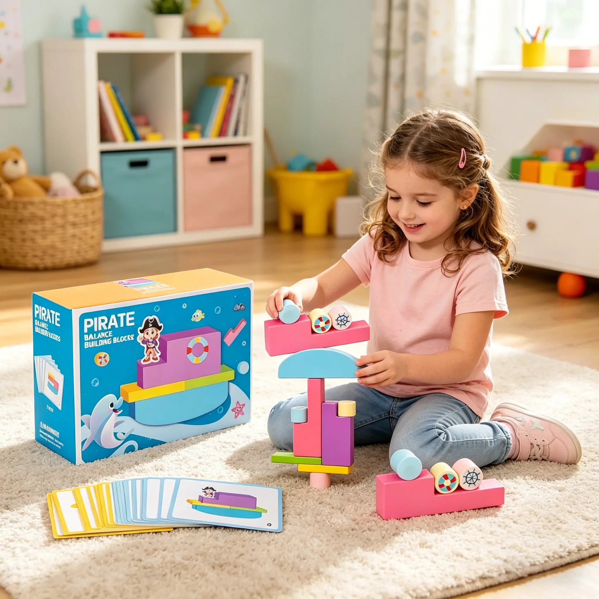 Large-Piece Wooden Pirate Building Blocks, Educational Early Learning Toy for Preschoolers Ages 2-6