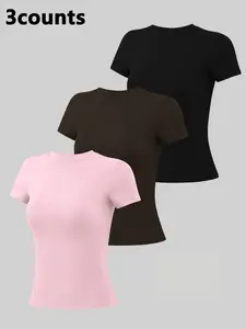 Women's Round Neck Sports T-Shirt Set, High Elasticity Summer Comfortable Short Sleeve Breathable Fabric, Casual Tight Fit Shirt, Breathable Workout Tops