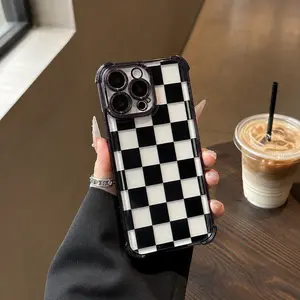 Black checkered four-corner drop-proof TPU phone case for iPhone Samsung Galaxy 17 Air 16Pro Max 15 14Plus 13 12 11 XR XS S26Ultra S25 S24 S23  Simple and stylish camera protection Shockproof Anti-Drop Shockproof Drop Protection Durable Phone Case.HY13