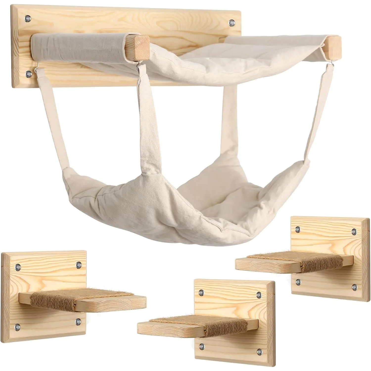 Wall-Mounted Cat Activity Center - Double Hammock, Sisal Steps, Multi-Levels, Premium Wood Construction, Scratch & Jump Perches, Cozy Retreat, 20 x 6.3 x 4.72 inches Solid Indoor Climbing Shelf for Active Fun, Climb, Play & Scratch