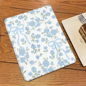 Blue Bow Floral Pattern Tri-Fold Tablet Case for iPad 10th 11th Gen 10.2 iPad Pro 11 Inch Galaxy Tab S9 FE+ 12.4 Inch, Auto Sleep/Wake Built-in Pencil Holder Shockproof Stand Cover, Multiple Styles Unisex Gift