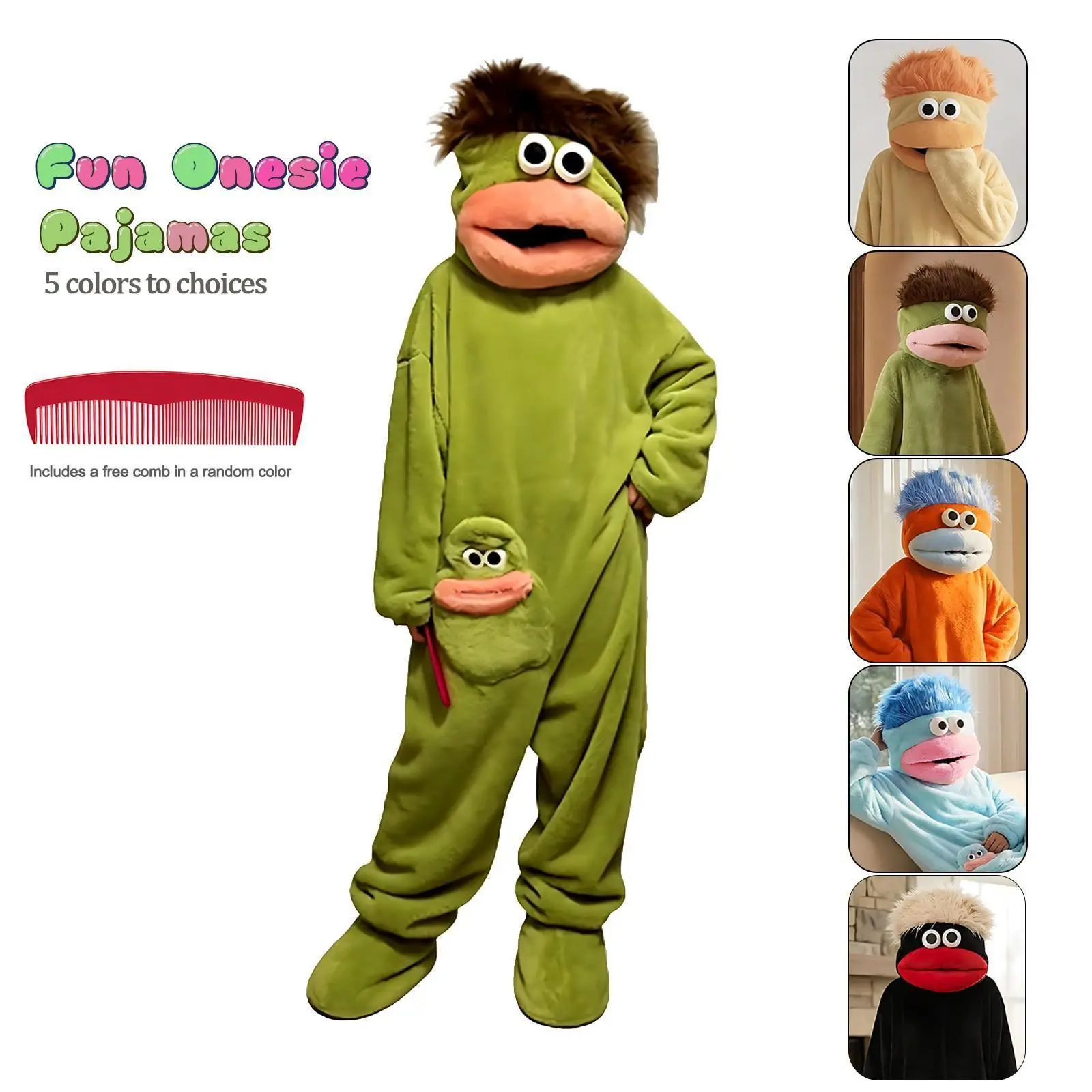 Funny Halloween Party Costume, Thick Long Sleeve Monster Onesie Pajamas, Plush Fleece Hooded Kangaroo Jumpsuit, Ultra-Soft Cozy Warm Breathable Nightwear, S-XL Sizes, Machine Washable Fabric, Gift Ready for Home Lounging, Free Comb
