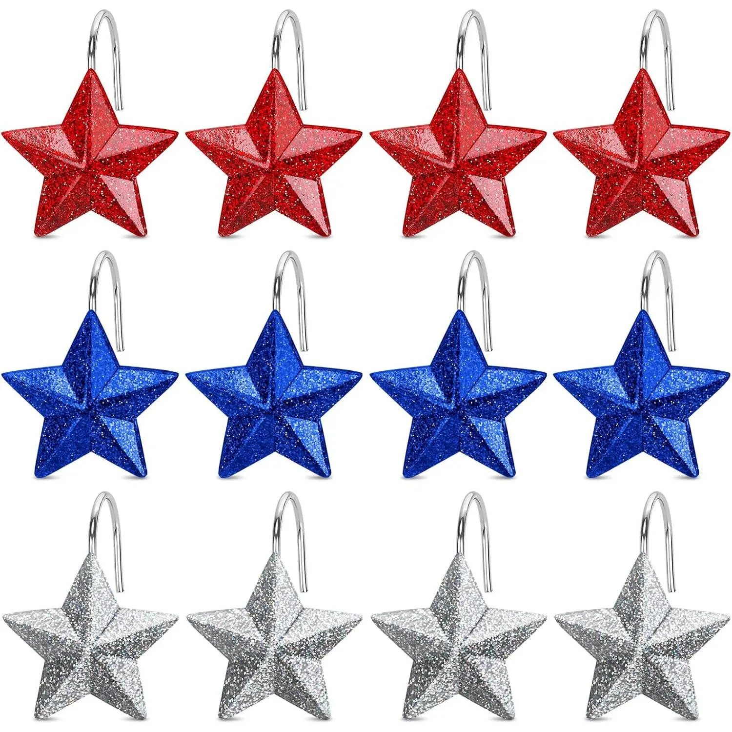 12-Pack Decorative Patriotic Shower Curtain Hooks, Red White Blue Glitter Star Hangers for 4th of July Bathroom, Bedroom & Living Room Home Accessories
