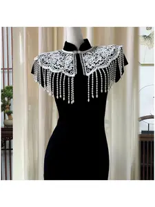 Lace Pearl Fringe Detachable Cloud Shoulder, Vintage Hollow Out Floral Crochet Shawl, Elegant Qipao Hanfu False Neck Shoulder Accessory
