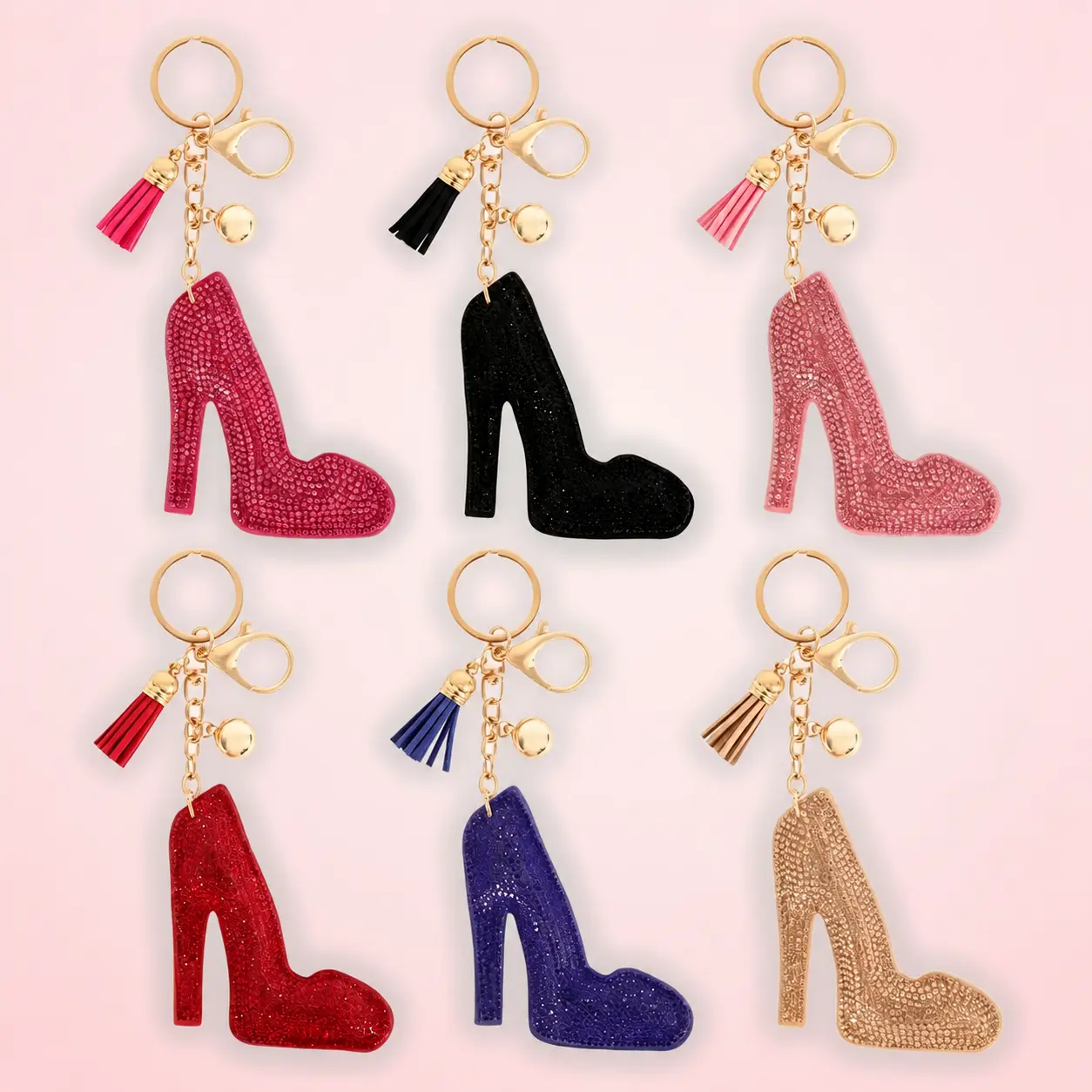 High Heels Rhinestone Tassel Keychain - Pink Glitter Shoe Charm with Gold Tone Hardware
