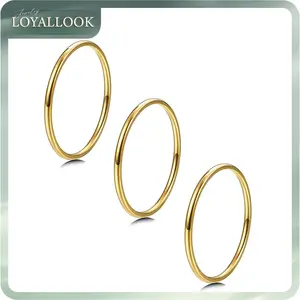 LOYALLOOK 3Pcs 1mm Thin 14K Gold Filled Stackable Rings For Women Non Tarnish Stainless Steel Plain Stacking Knuckle Thumb Pinky Statement Band Midi Rings Comfort Fit Size 3 to 10