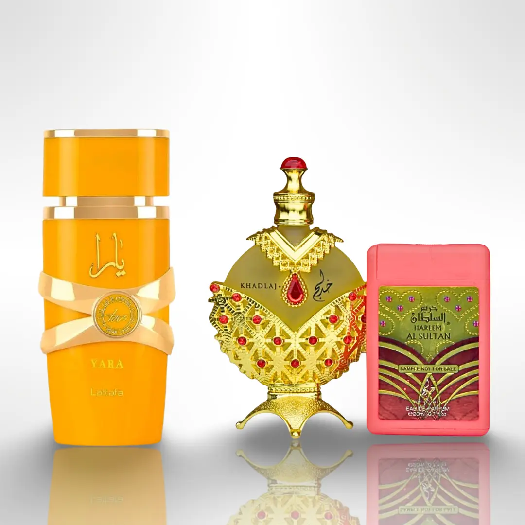 KHADLAJ Sun-Kissed Queen Hareem Al Sultan Gold Oil (1.18 oz) + 20ml EDP Tester + Lattafa Yara Tous 100ml Arabian Fragrance Set - Women's Floral Scents Perfume, Amber Vanilla, Creamy Sweet Musky Daily Use Unisex Option
