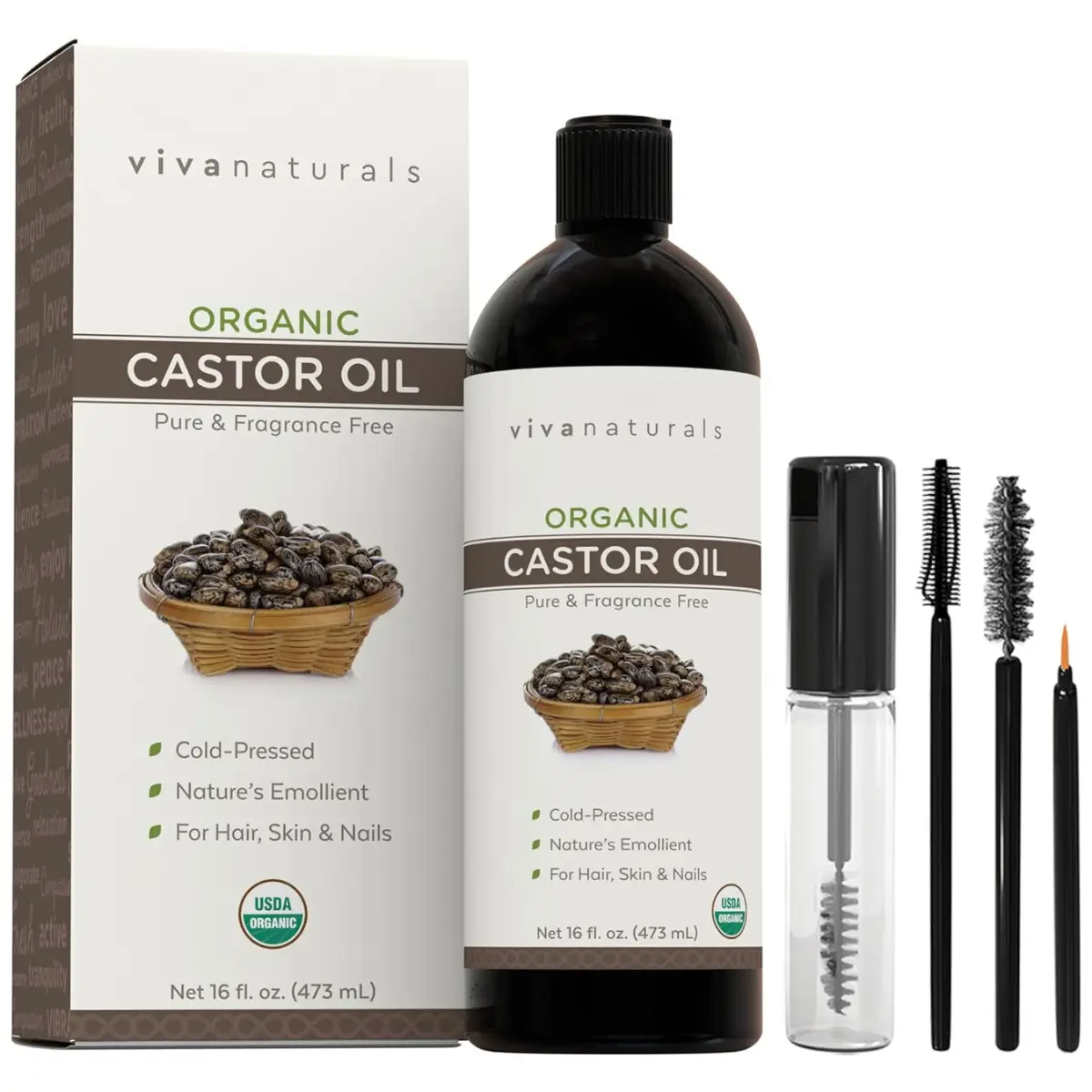 Viva Naturals Cold Pressed Organic Castor Oil, 16 fl oz - For Face, Eyelashes, Eyebrows & Hair. Certified Organic, Non-GMO & Moisturizing Comfort