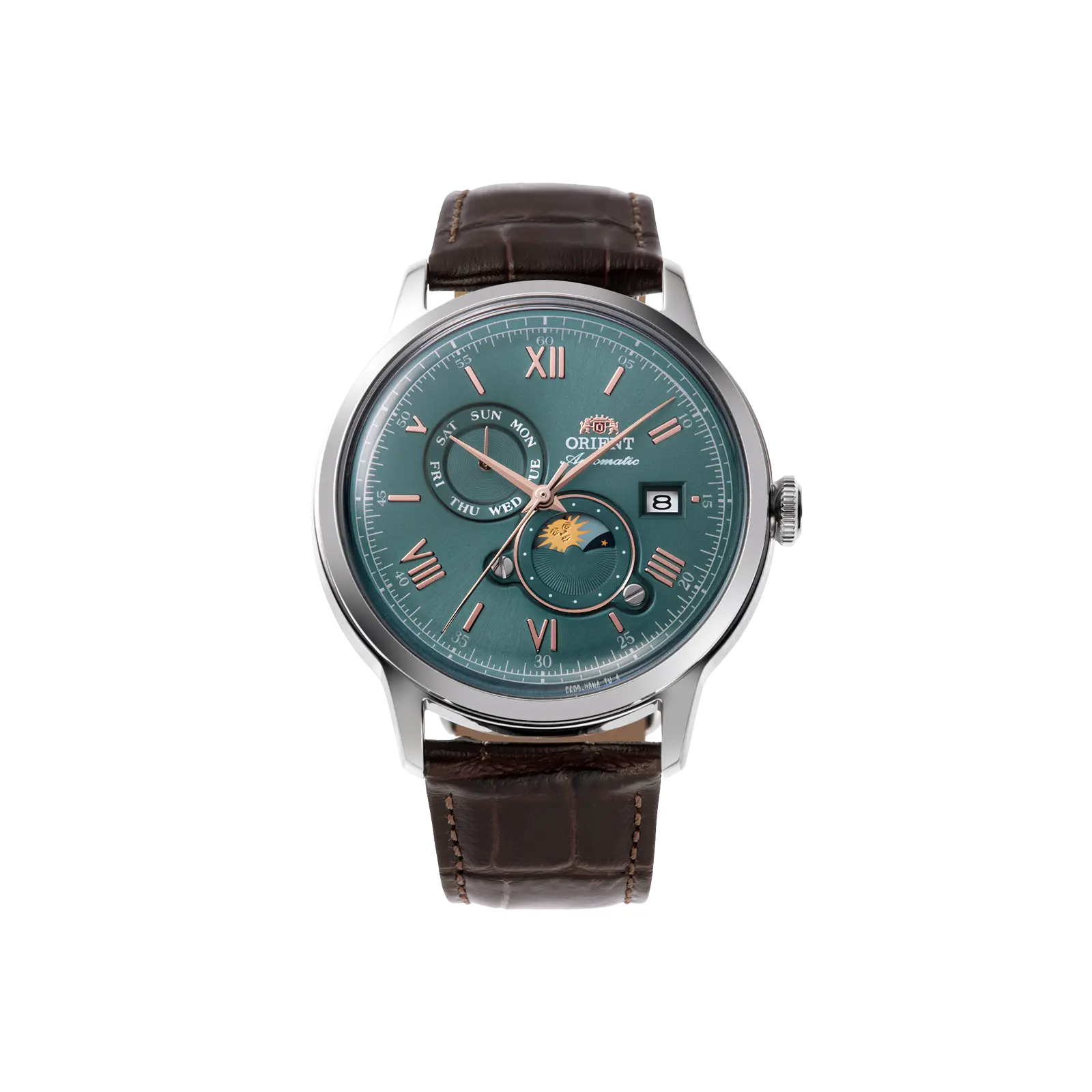 Orient Bambino Men's Automatic Mechanical Dress Watch with Green Analog Dial, Domed Mineral Glass, 41.5mm Stainless Steel Case, and Brown Leather Buckled Strap, Round Analog Dial, Analog Watches, Automatic Watches