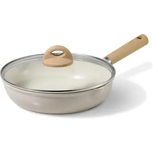 10" Ceramic Frying Pan with Lid, Non Stick Frying Pan Skillet Chef's Pan, Healthy & PFOA/PFAS Free, Induction-Compatible, Taupe