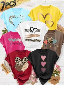 7Pcs Women's Crew Neck T-Shirts, Leopard & Patchwork Heart Series Print, Multiple Colors Available, Machine Washable, Spring & Summer Tops, Soft Skin-Friendly Fabric, Daily Versatile, Fashion Design