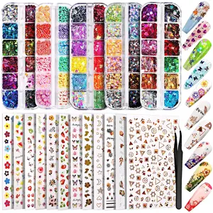 12 Sheets Nail Art Sticker 3D Self-Adhesive, Nail Art Decoration with 5 Boxes Holographic Nail Art Glitter Flakes Butterfly Heart Star Maple Leaf Nail Sequins and Nail Art Flower Slices