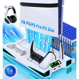 ESYWEN LIFUFUTEE PS5 Stand, PS5/Slim/Pro Cooling Station with 2.36in Cooling Fan, Controller Charger Station for PS5 Accessories, Light, Headset Holder, 3 Charger Ports for PlayStation 5 Slim/Pro Console