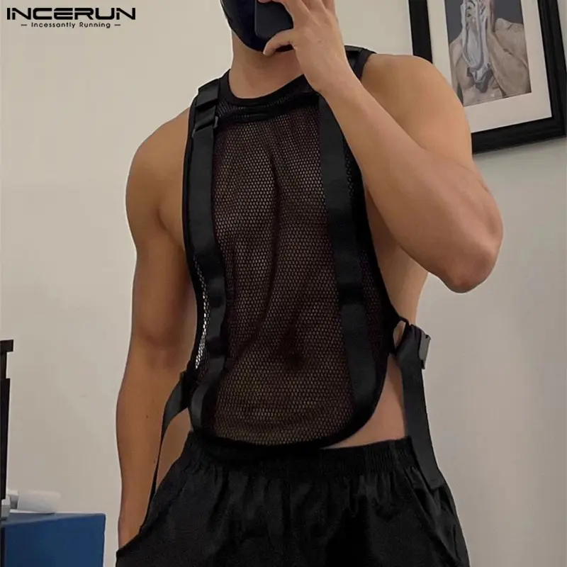 INCERUN Menswear Simple Polyester Mesh Vest Tops, Fitted Sleeveless Leisure Top with Hollow-Out Design and Adjustable Clips, Mesh Top
