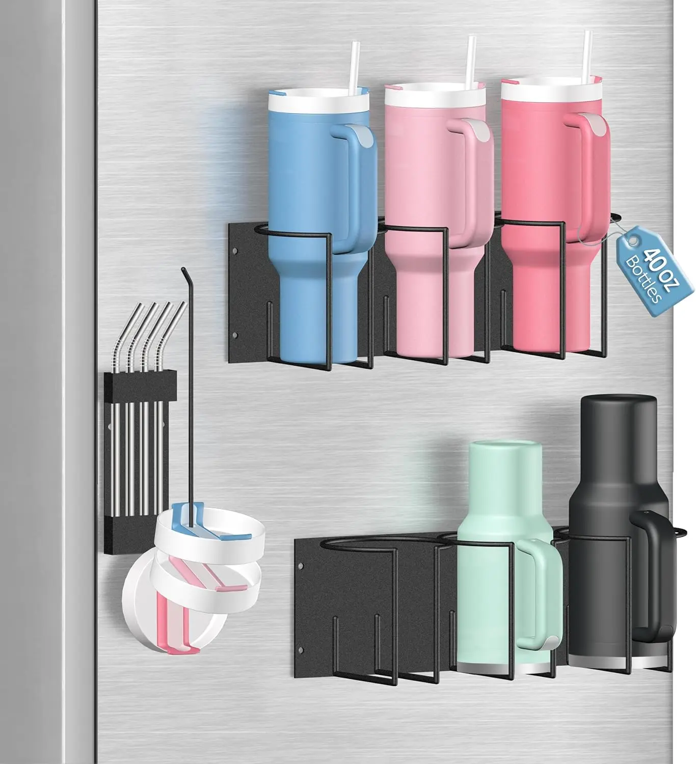 Father's Day Gift Magnetic Stanley Cup Holder for Fridge - Water Bottle Organizer for Stanley 40 oz Tumblers with Tumbler Lid Organizer & Straw Holder, Magnetic Tumbler Organizers for Stanleys Cup Accessories, Black