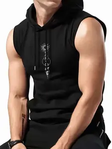 Men's Sleeveless Hoodie, Moon Phase Solar System Print Vest, Y2K Aesthetic Streetwear Sport T-Shirt, Casual Workout Tops, Fitness Muscle Building Daily Wear, Athletic Fashion Activewear