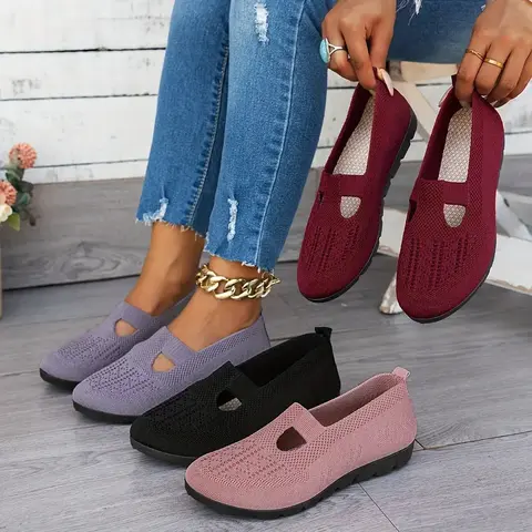 Rain Core Women's Plain Casual Quick Slip-On Walking Footwear - Rubber Upper, Breathable Knit Fabric, Round Toe, Ankle Height, PVC Ultra-Soft Cushioned Sole, All-Day Comfort, Flats for Women, Daily Walking, Errands Use, Multiple Colors for Casual Outfits
