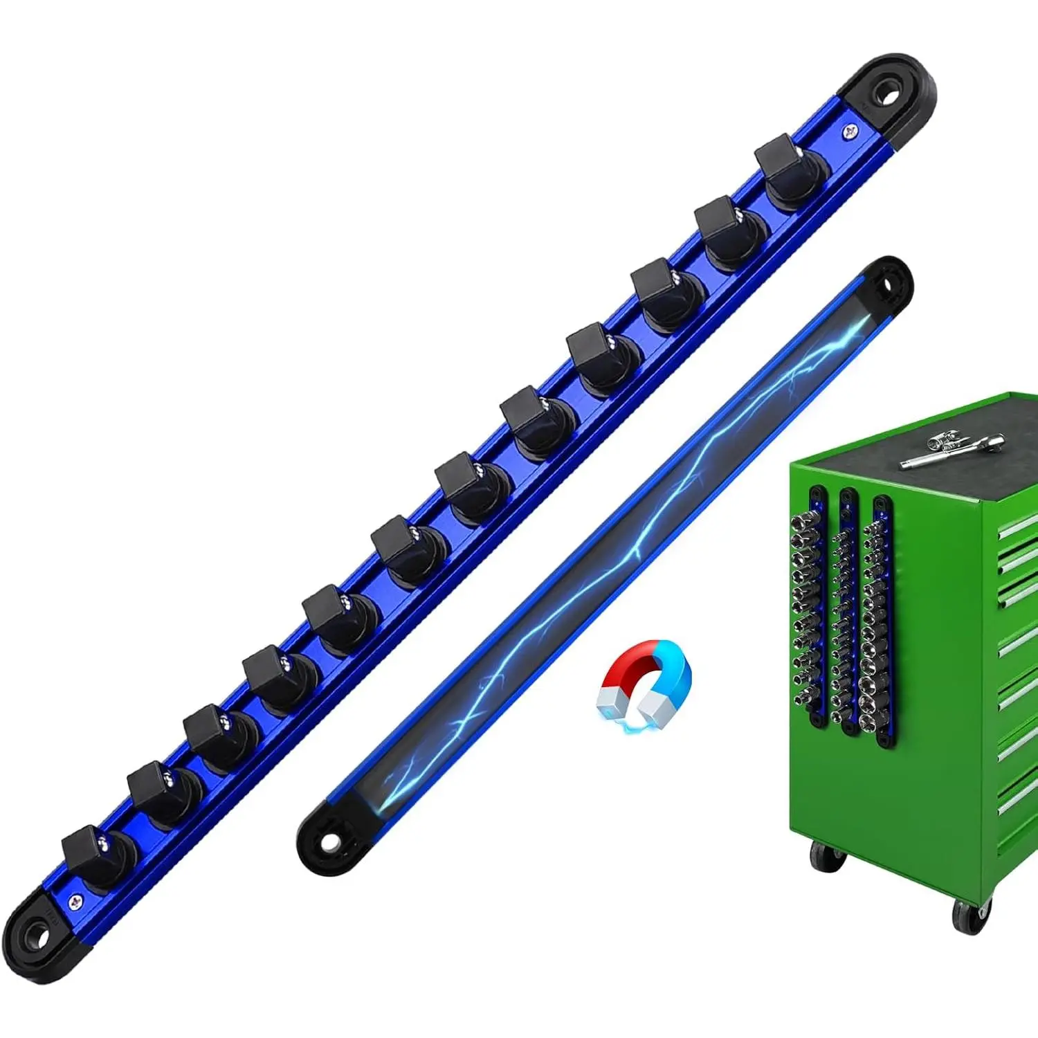 1/2-Inch Magnetic Socket Organizer Rail, Aluminum Alloy Socket Rail, Heavy Duty Sockets Holder with 12 Clips, 360 °   Swivel Clip Tool Tray, Sockets Organizer for Tool Box Drawer (Blue)