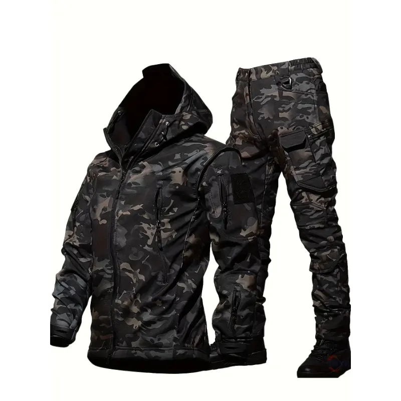 Men's Tactical Tracksuit Set - Hooded Fleece-Lined Windproof Athletic Sports Clothing with Multi-Pocket Cargo Pants for Outdoor Sports, Outdoor Sports Clothing