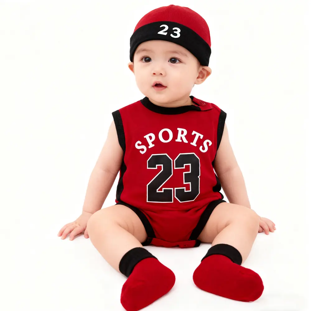 Kids' 3-Piece Basketball & Lacrosse Sports Set - Thin, Breathable, Quick-Drying - for 0 to 12 Months Boys, Summer Jersey & Shorts, Red N23 Size