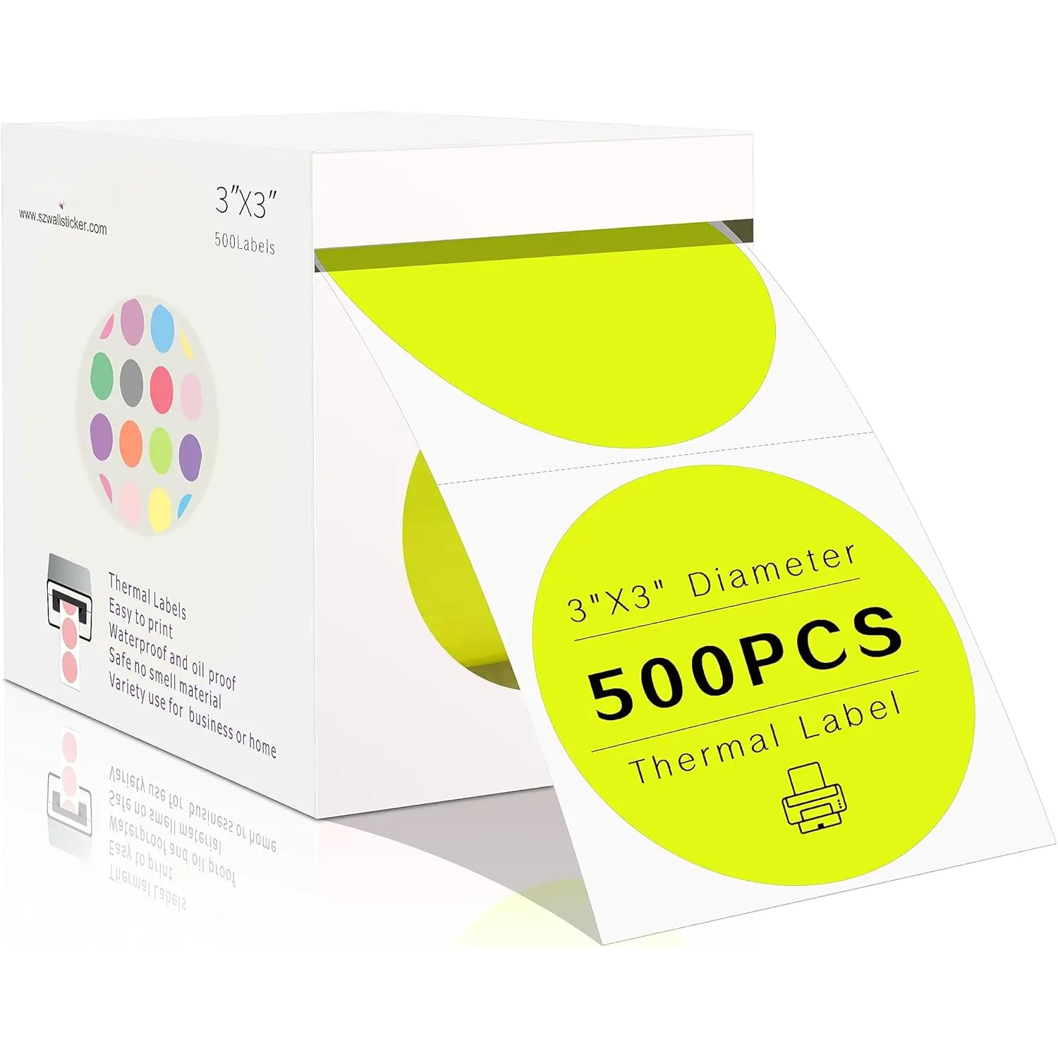 3 Inch Round Direct Thermal Labels, Self-Adhesive Circle Stickers for Thermal Printer, 500 per Roll, Fluorescent Yellow