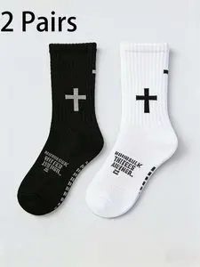 2 pairs Men's Cross Print Mid-Calf Socks, Breathable Anti-Slip Sports Socks, Comfortable Casual Sweat-Wicking, Suitable for Daily Wear, Football Training, Running