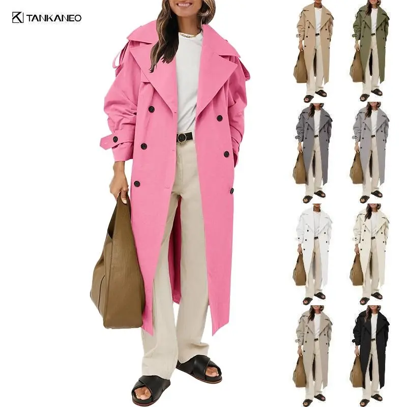 TANKANEO Women's Oversized Trench Coat - Long Length, Adjustable Belt, Basic Collar, Long-Sleeve Polyester Double-Breasted Windproof Jackets, Relaxed Fit Tops for Teacher Work Office, Casual Elegant Spring Outerwear with Style & Quality Fabrics, Sel
