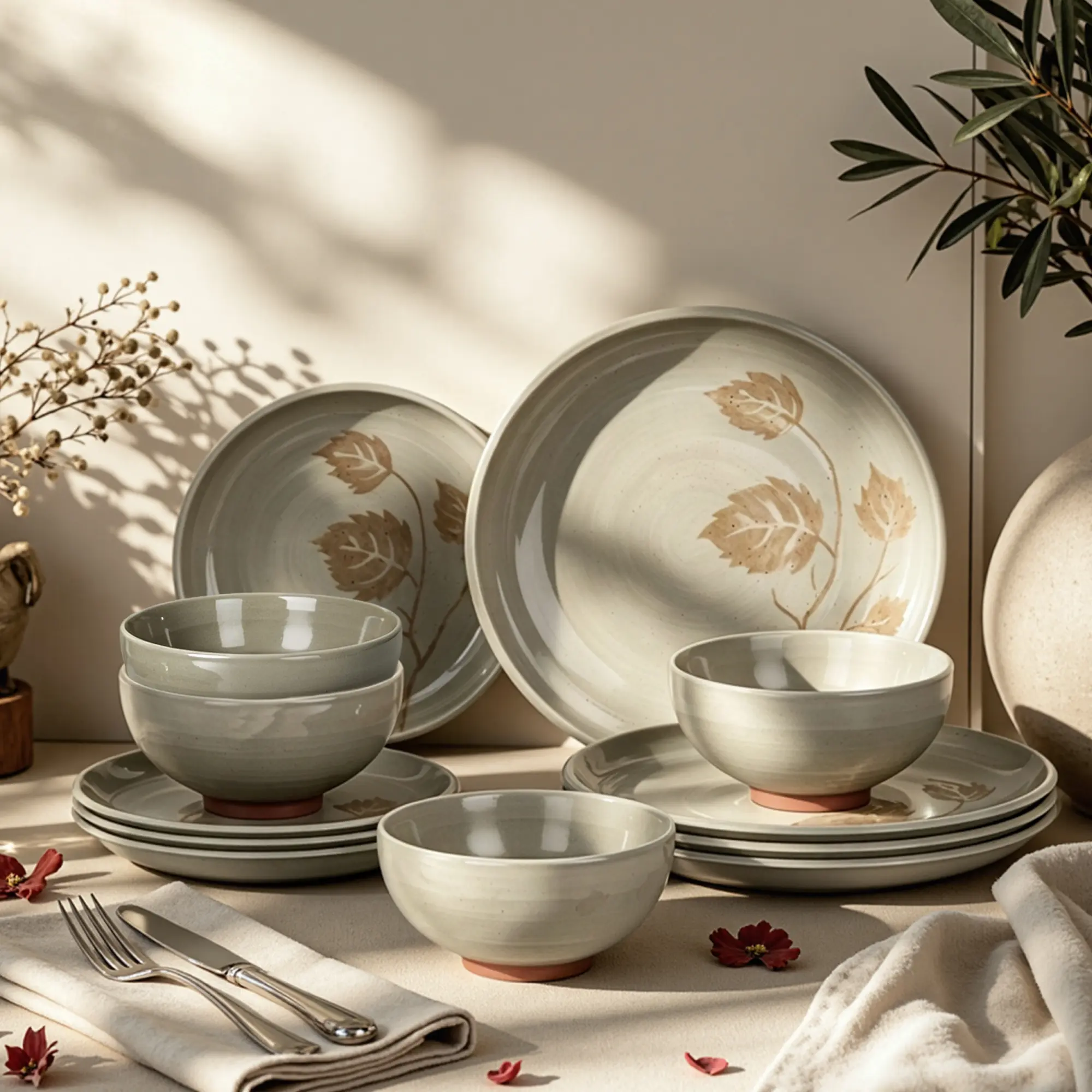 【Backtoschool】Kitchen Academy 12Pcs Boho Floral Leaf Stoneware Dinnerware Set for 4, Plates & Bowls, Microwave, Dishwasher & Oven Safe