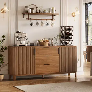 59 "Fluted Sideboard Buffet Cabinet with 2 Doors and 3 Drawers, Large Modern Mid Century Buffet Table Coffee Bar Wine Bar Storage Cabinet with Adjustable Shelves for Dining Room, Living Room Walnut