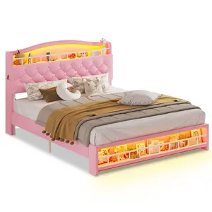 Sikaic Floating Leather Upholstered Bed Frame with LED Lights Black Lighted Headboard