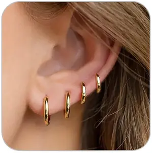 4 Pairs Gold Hoop Earrings Set for Women, 14k Gold Plated Cartilage Hoop Earring Hypoallergenic Non Tarnish Small Hoop Earrings for 2nd 3rd Hole Gold Huggie Hoop Earrings for Women Men Gifts