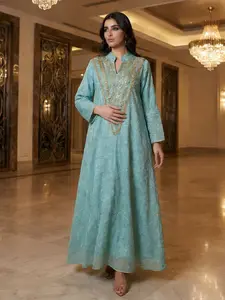 Middle East Trendy Muslim Long Robe Women's Lace Embroidery Sequins Patchwork Long Dress, Modest Style Dress, Outdoor Banquet High-End Abaya Casual Party Gown