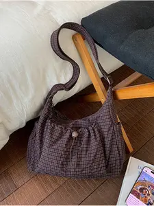 Women's Plaid Crossbody Bag Crossbody Shoulder Bag Casual Multi-functional Foldable Zipper Closure Adjustable Strap Purse Tote Bag for Daily Use School College Simple Cute Pleated Multi-pocket Drawstring Front Pocket Canvas Bag