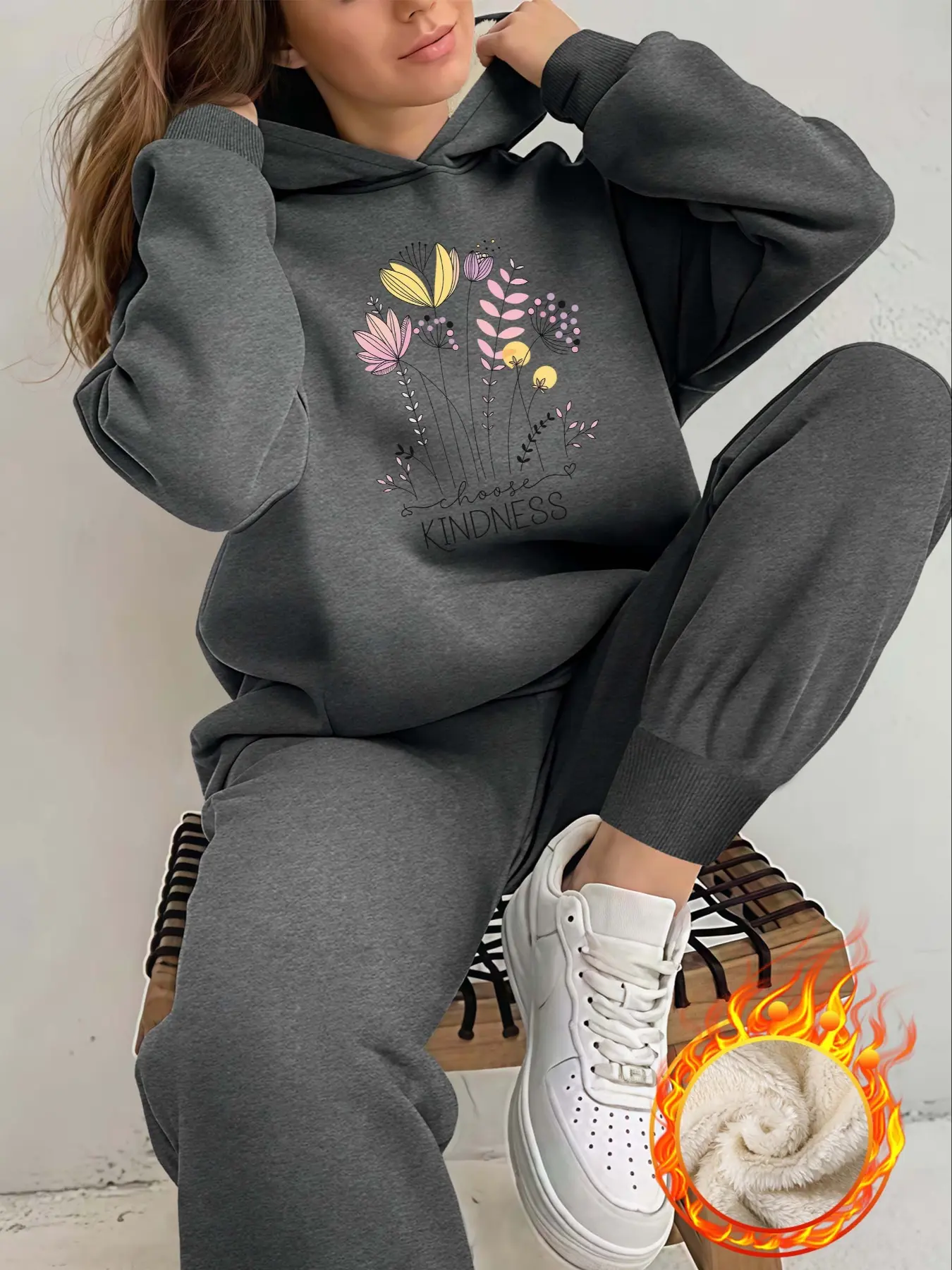 Women's Fall Winter Casual Loose Baggy Hoodie Set, Floral Print Jogger Pants, Thick Fleece Lined Long Sleeve, 2 Piece Outfit