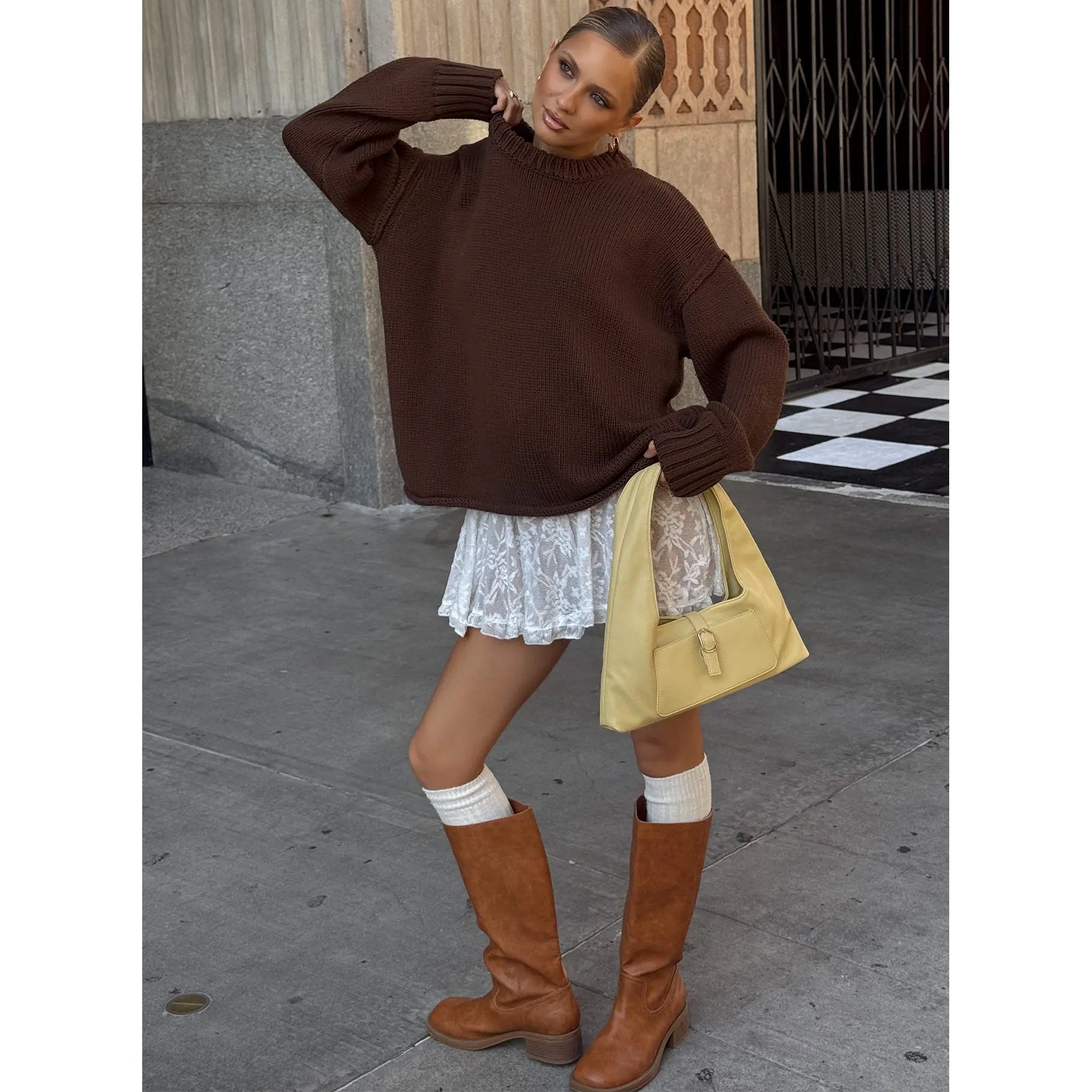 Wilda Crew Neck Knit Sweater Brown