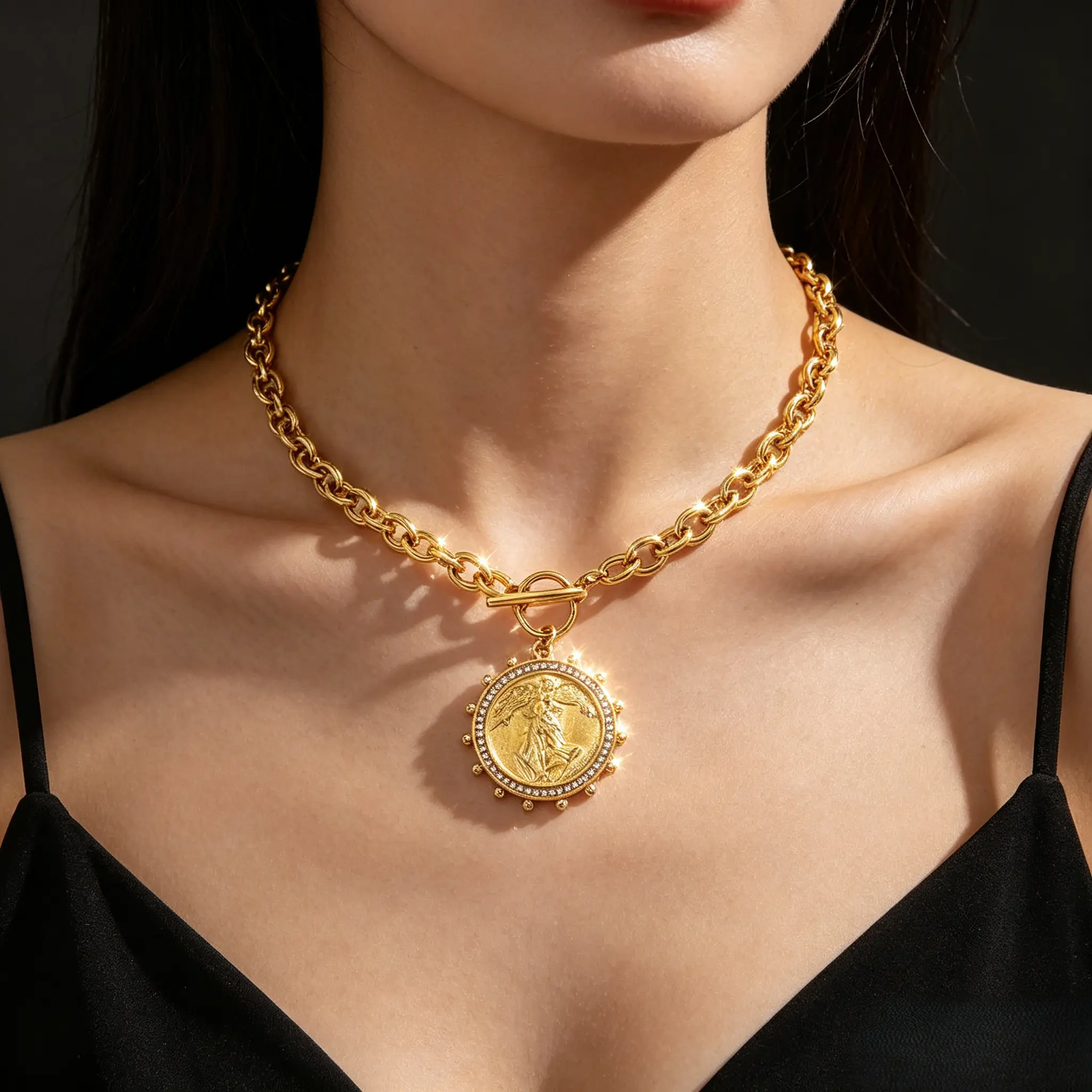 Women's Vintage Gold-Plated Chunky Cuban Link Statement Necklace, 24in Alloy with Angel Coin Amulet Toggle Clasp, Elegant Daily Anniversary Gold Aesthetic Emblem Jewelry Accessory