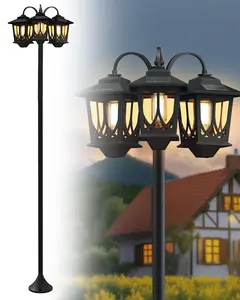 DERAYSION  3-Head Solar Lamp Post Light, Adjustable Height (26.8"-74.2") Outdoor Solar Street Light, IP65 Waterproof Dusk to Dawn Solar Pathway Light with Edison Bulb (Incl 2 Extra Bulbs) for Yard, Patio, Pathway, Driveway Decor