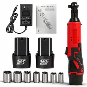 Electric Right Angle Wrench Set 45NM 3/8'' Ratchet Cordless Power Tool with 12V Li-Ion Batteries 17mm-10mm Sockets for Car Repair Includes Charger Instruction Book