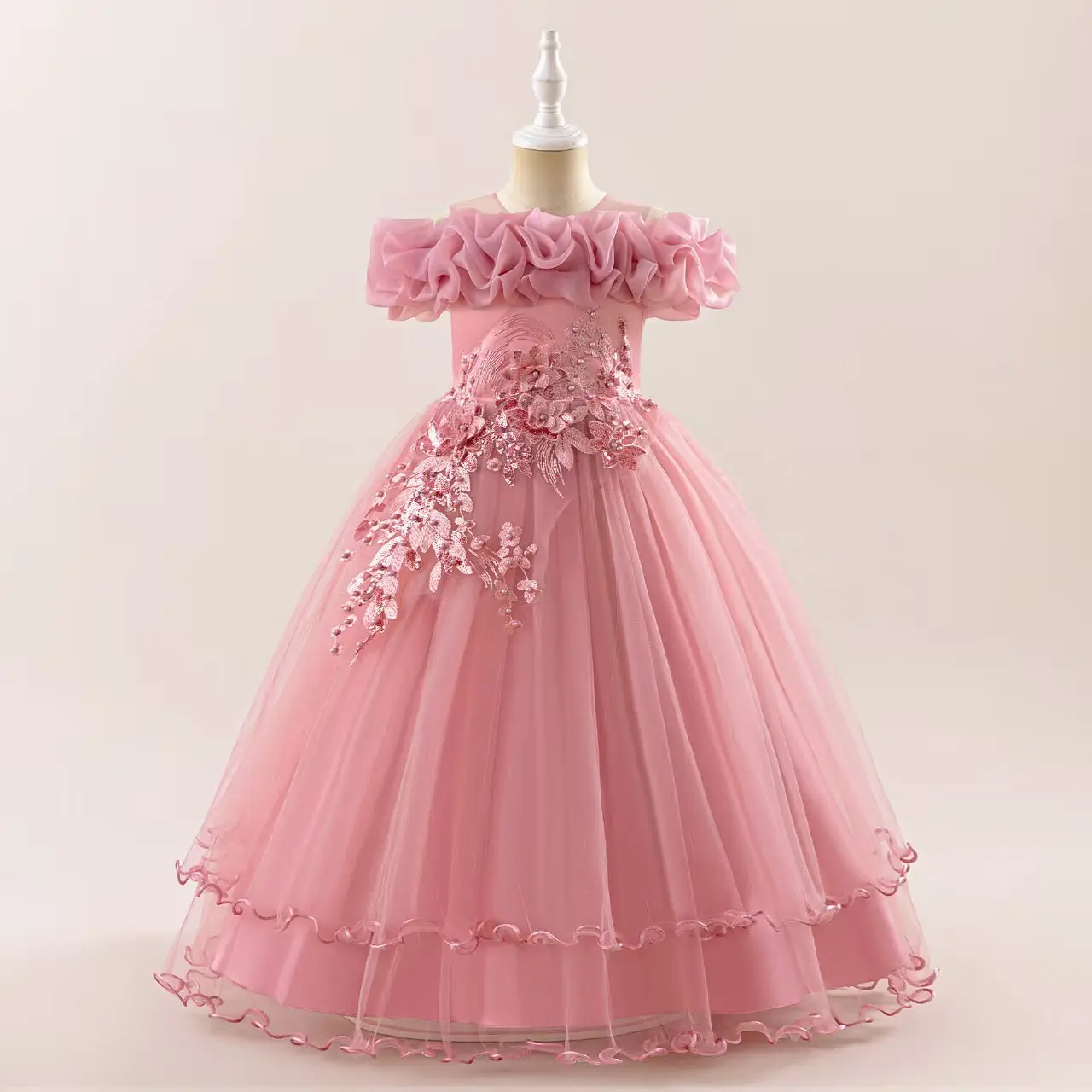 2026 New Girls Sequined Flower One-Shoulder Princess Dress, Kids Wedding Party Stage Evening Gown For Little Girls